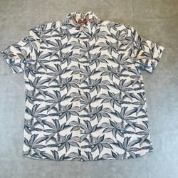 AXIST Hawaiian Tropical Palm Leaf Shirt Mens XL White Blue Short Sleeve Button