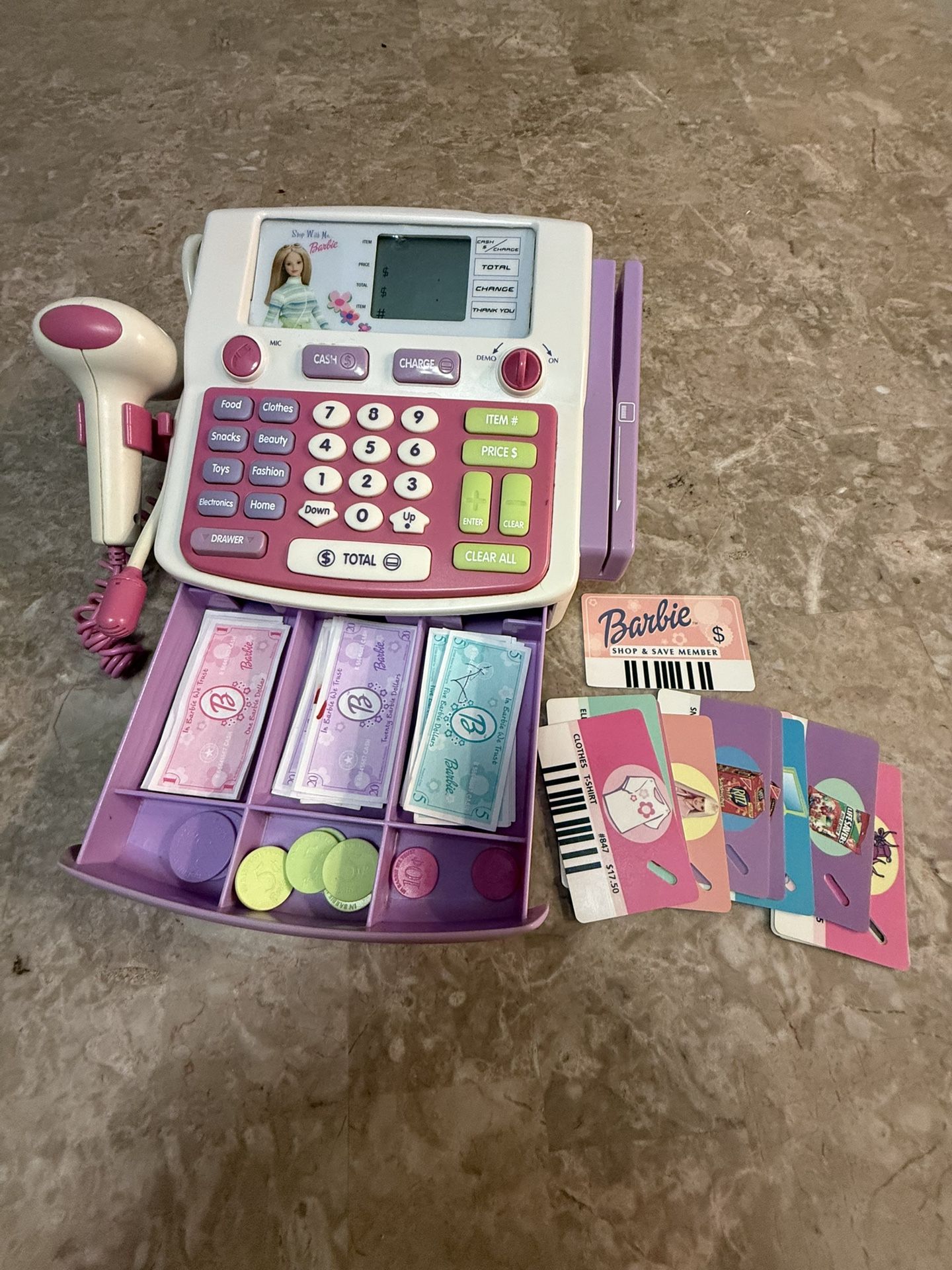 Vintage 1999 Mattel Barbie “Shop With Me” Cash Register - w/ Cash Coins Cards