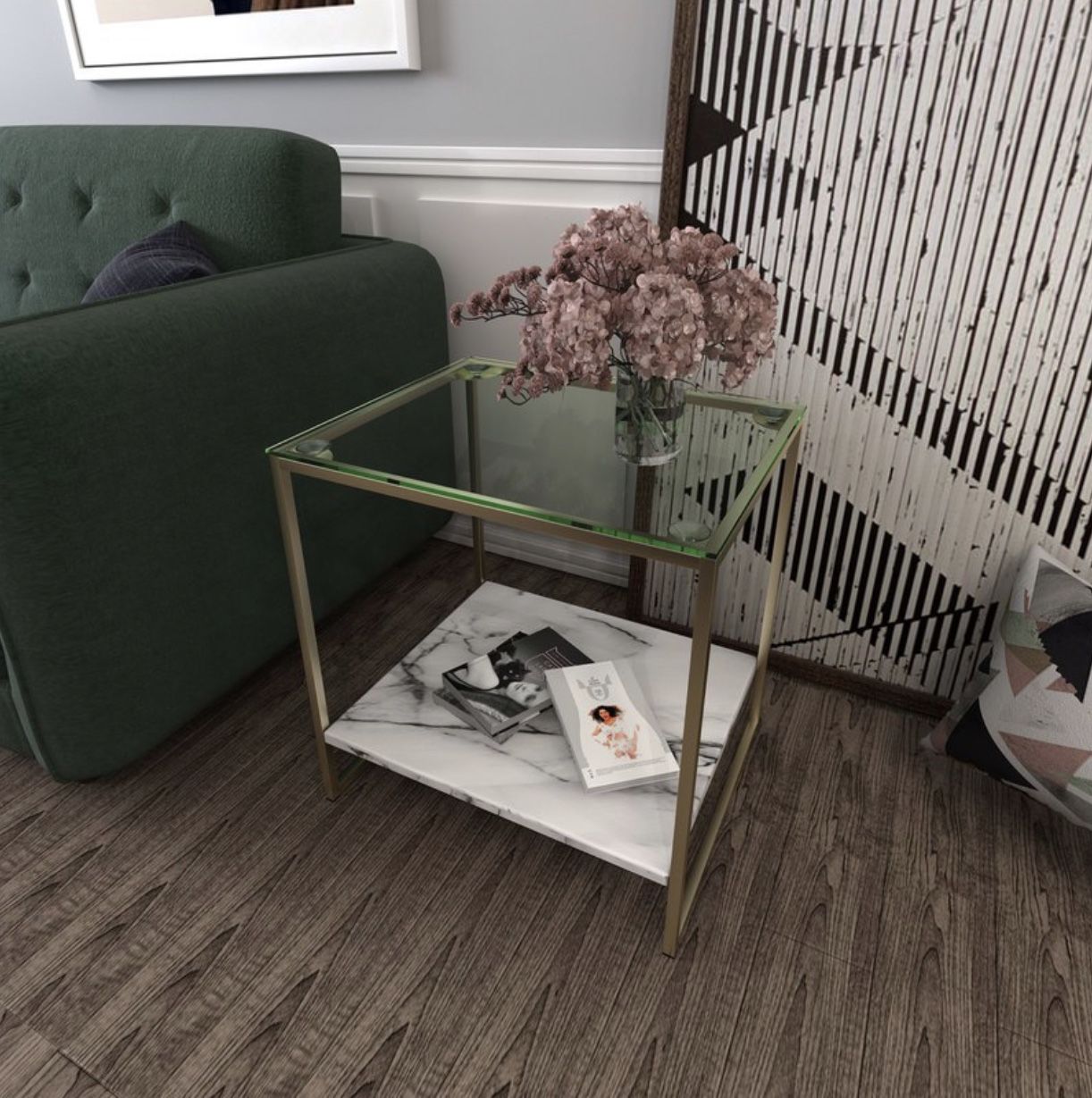 Glass Top Faux Marble End Table, Side Table