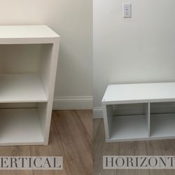 IKEA White Cube Shelf Organizer.   Vertical as a Side Table or Nightstand.   Horizontal as a Bench