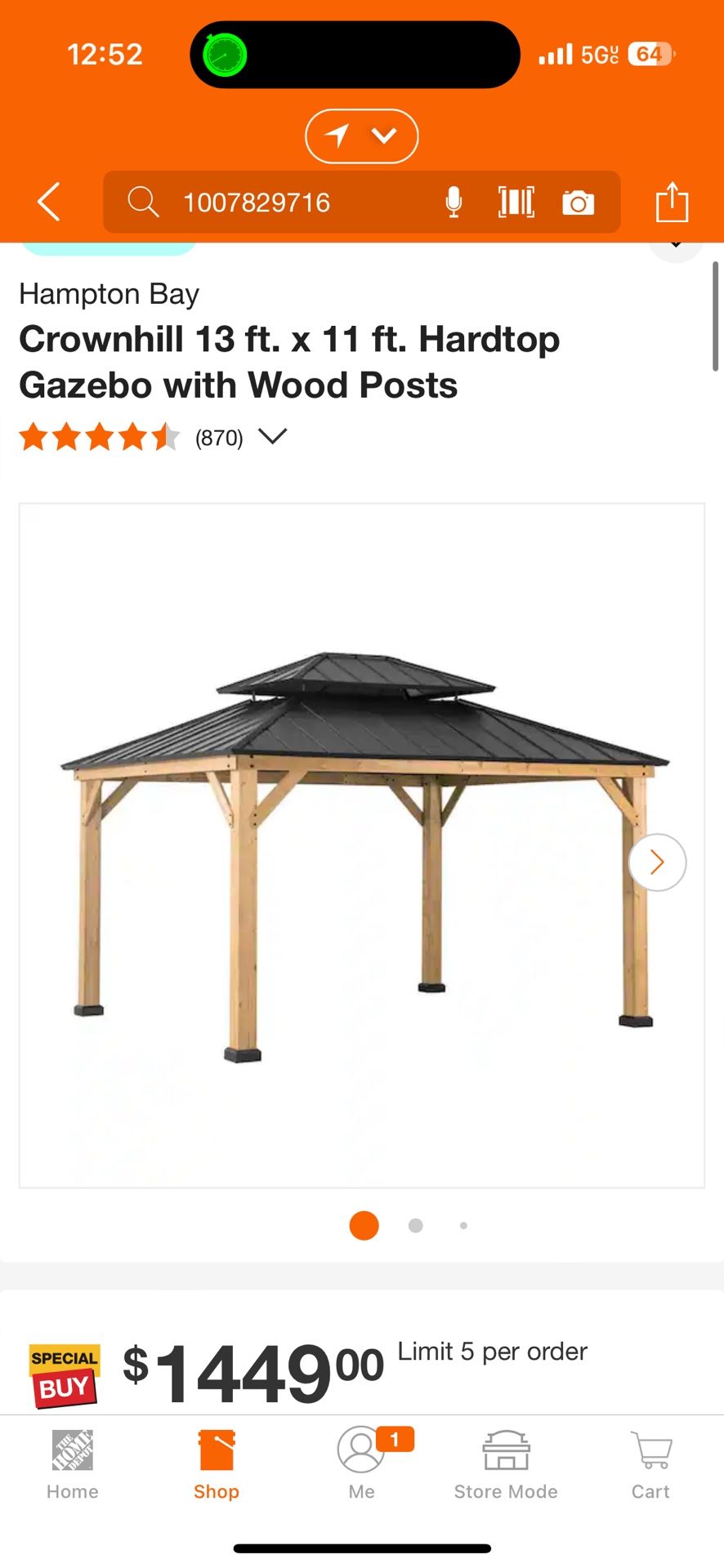 Hampton Bay Crownhill 13 ft. x 11 ft. Hardtop Gazebo with Wood Posts