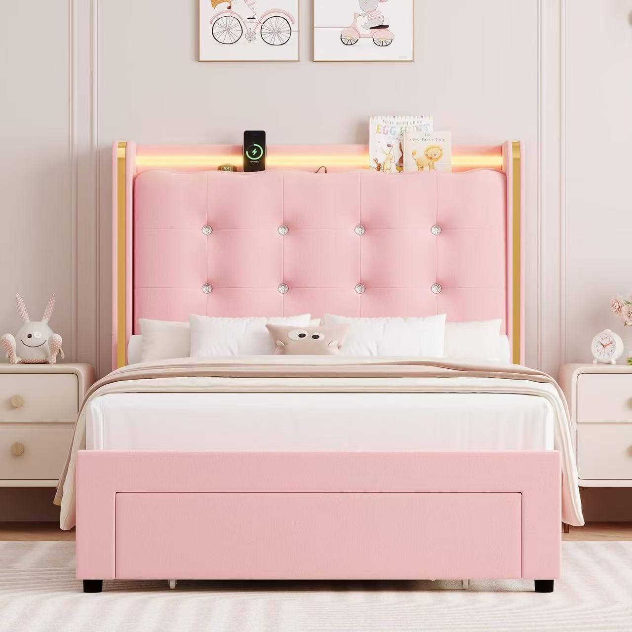 Twin Led Bed Frame with Charging Station and Storage Drawer, Velvet Princess Plat