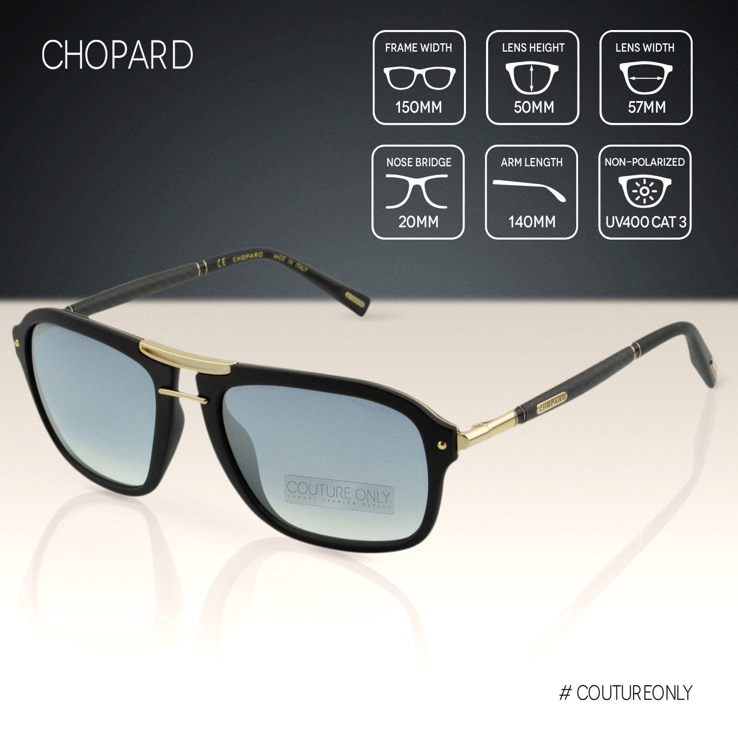 Chopard SCH-C99-300X Black & Gold Frame Carbon Fiber Temples Navigator Silver Gradient Mirror Sunglasses