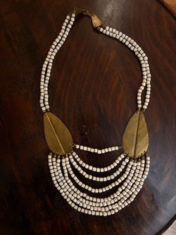 Vintage Boho Multi Strand Wood Bead & Brass Leaf Statement Necklace