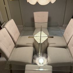 Glass And Marble Dining Room Table With Six Chairs