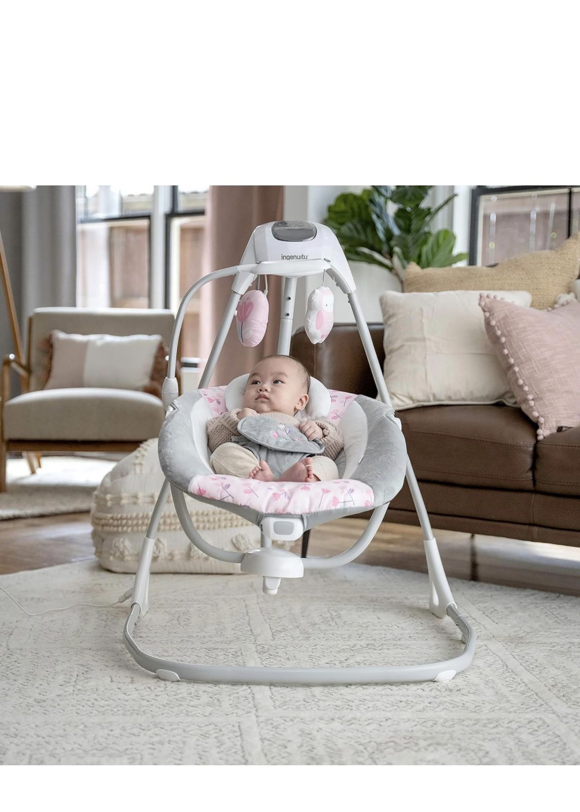 Ingenuity SimpleComfort Lightweight Compact 6-Speed Multi-Direction Baby Swing, Vibrations & Nature Sounds, 0-9 Months 6-20 lbs (Pink Cassidy)