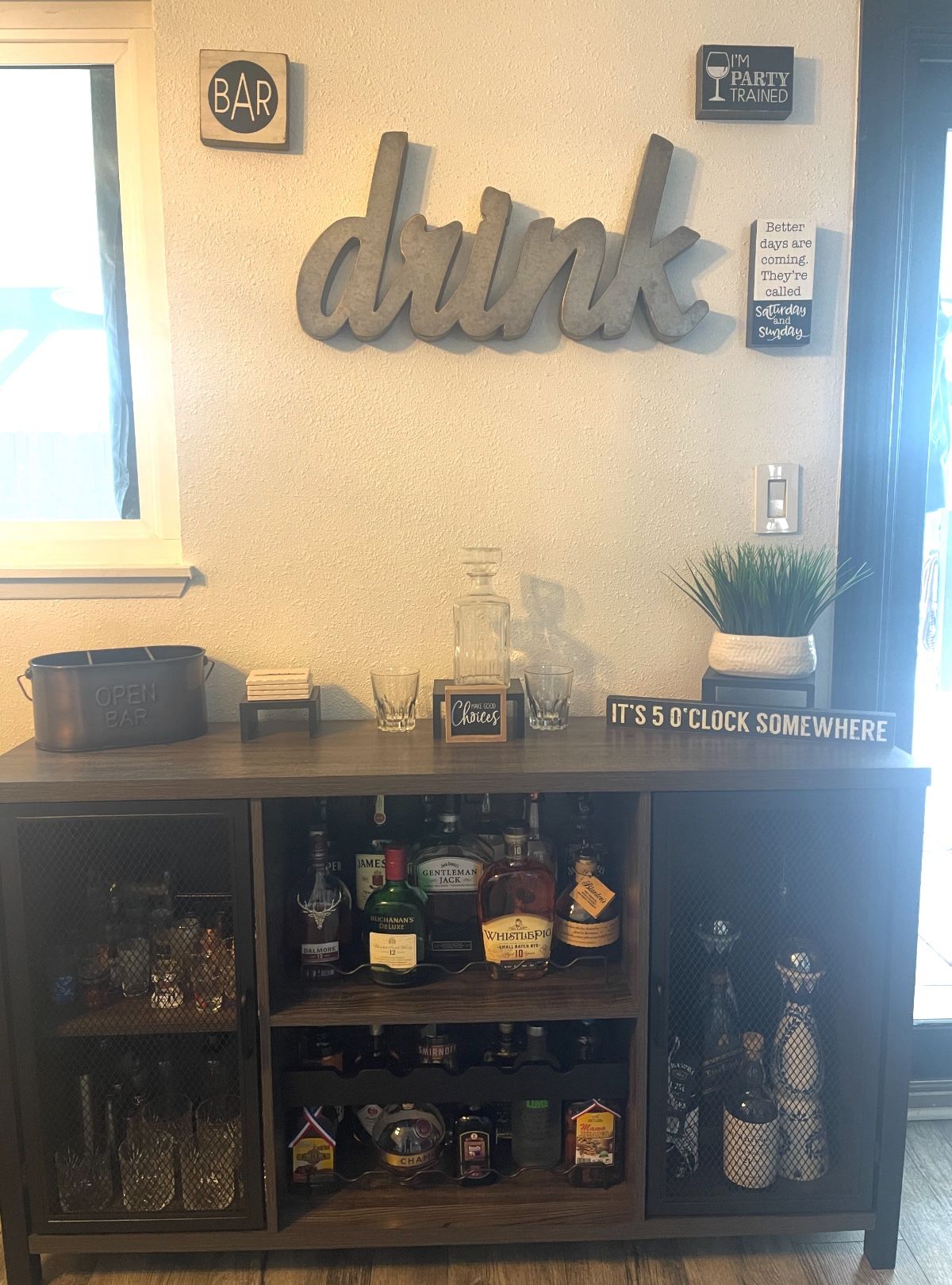 Dark Gray Oak Coffee Bar & Liquor Cabinet With Color Lighting, Wine Rack Storage, 55 Inch Asking $240 OBO