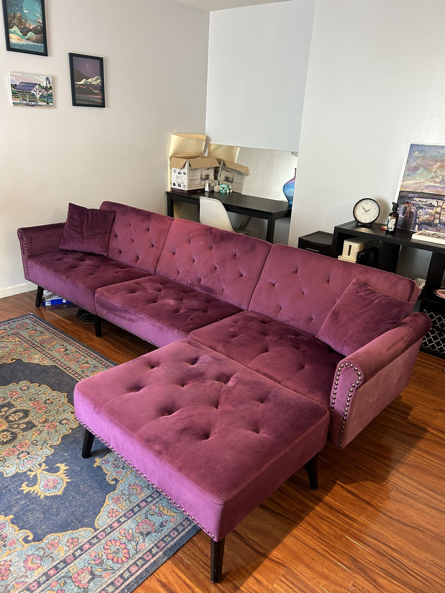 Purple Convertible Sleeper Sofa W/ Ottoman
