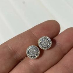 Real Solid 925 Silver Simulated Diamonds Mens Earrings Big Studs 14k Gold Plated