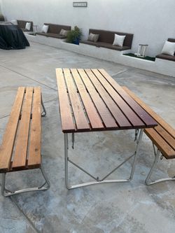 Wood Folding Table with 2 Folding Wood Benches