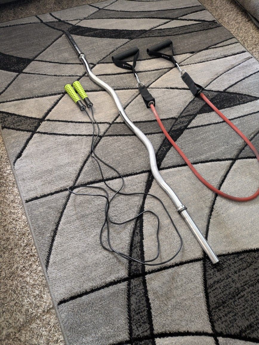 Stainless Steel Easy Curl Bar, Heavy Resistant Band, And Jump Rope