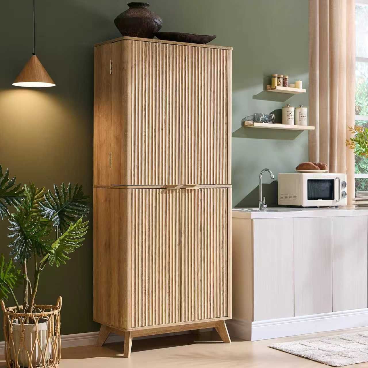 72" Tall Grooved Pantry Storage Cabinet with Adjustable Shelves and Door Shelves, Curved Profile Design