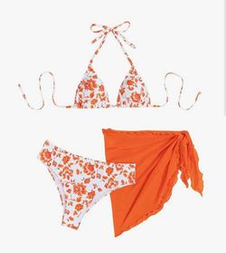 New Women's 3 Piece Floral Bikini Set with Wrap Coverup Halter Triangle Swimsuits, Medium