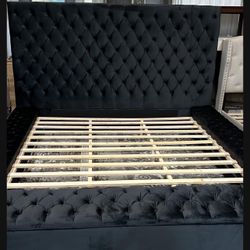 Bed Frame Velvet Black Tufted 