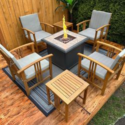 Teak Wood Patio Set With Fire Pit And Sides Table 