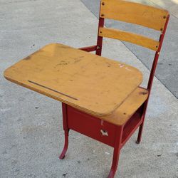Student Desk Chair, Vintage, Red, Metal And Wood 