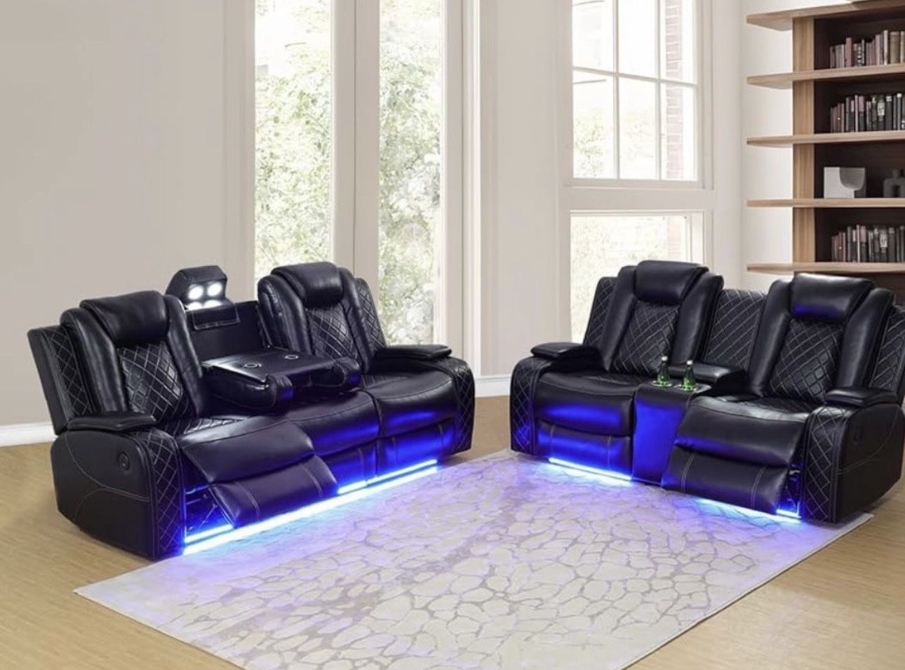 Power Electric Black Leather Fully Reclining Couch Set