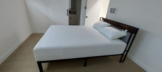 Metal Bed Frame with Wood Headboard