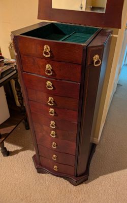 LARGE Vintage Dark Cherry Wood Jewelry Armoire / Standing Cabinet