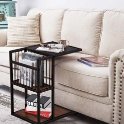 2-Tier Accent C Shape Side/End/Coffee Table with Metal Mesh Storage Basket
