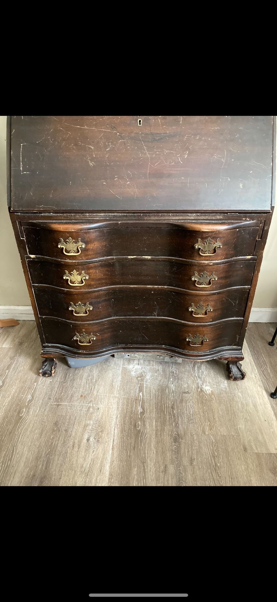 Antique Mohagany Governor Winthrop Drop Front Clawfoot Desk