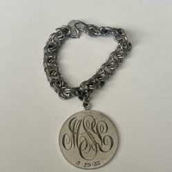 Vintage 1955 Sterling Silver Chunky Link Bracelet with Monogrammed Disc Pendant