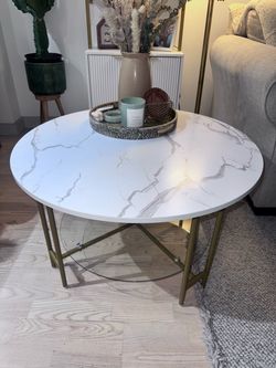 Round Marble-Effect Coffee Table Gold Frame