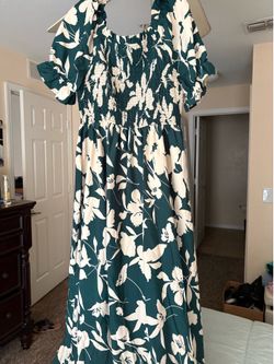 Shein curve 1x floral green and cream maxi dress cinched bust and balloon sleeve