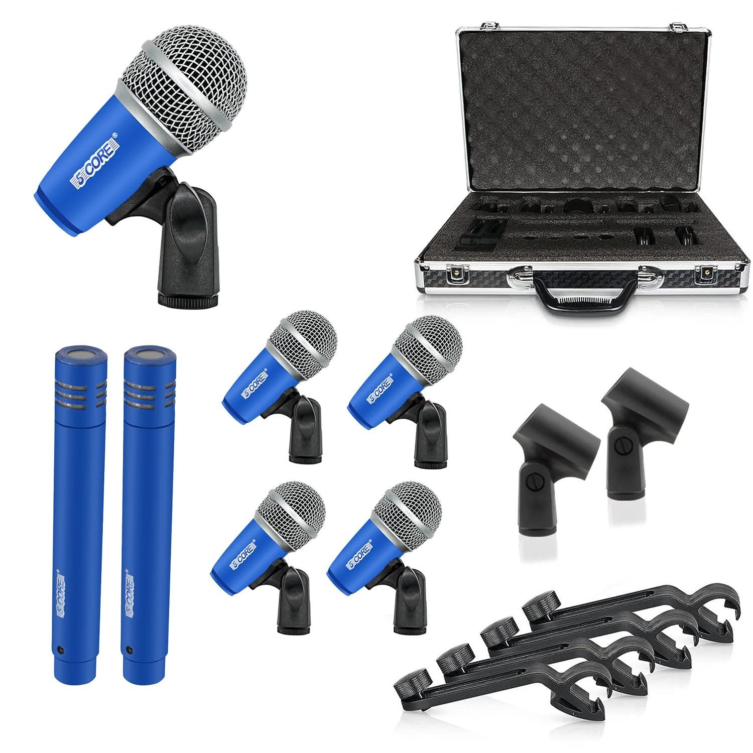 5 Core Professional Drum Mic Kit 7 Piece Tom Snare Kick set XLR Wired Dynamic Microphone Set for Studio and On Stage Live Use - DM 7RND BLU
