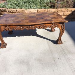 4 Oak Tables with ornate legs, parquet insets. $250 for all
