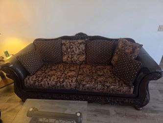 Solid Wood Brown Leather 3pc couches & coffee table liveing room set