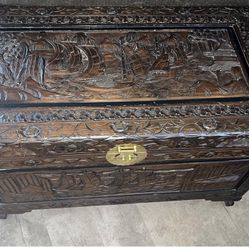 Set of 3 Antique Hand-Carved Wooden Storage Chest, Dark Brown