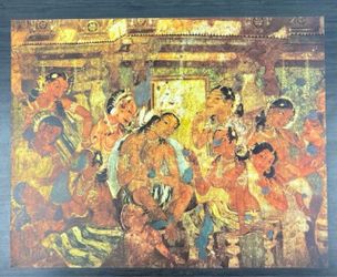 King and Queen palace scene Original Antique Vintage Fine Art INDIA Print Poster Ajanta Caves Wall Painting 1950’s Italy Printed Collectible Ephemera