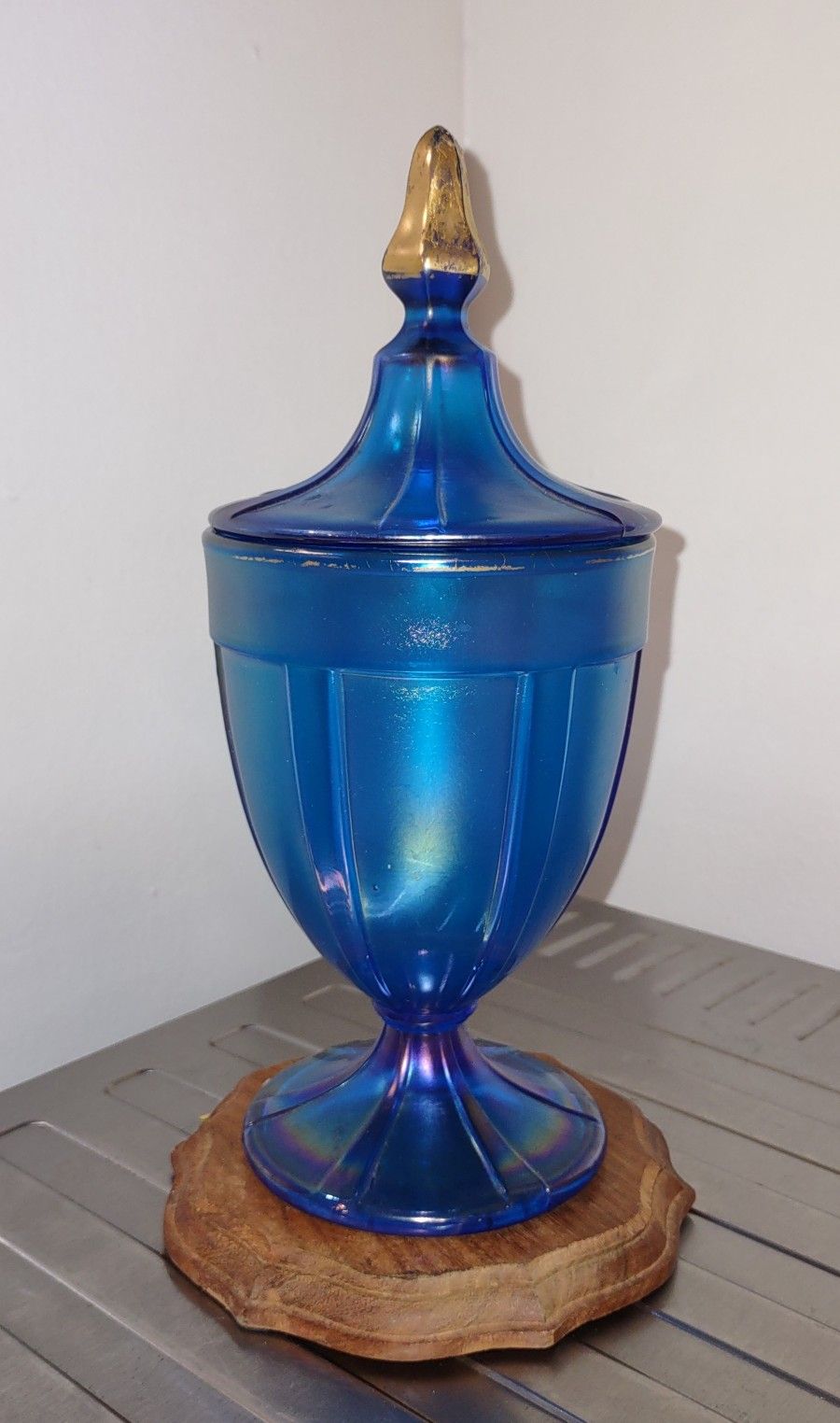 Vintage Fenton Celeste Blue Candy Dish with lid in Iridescent Stretch Satin Glass and Gold.
