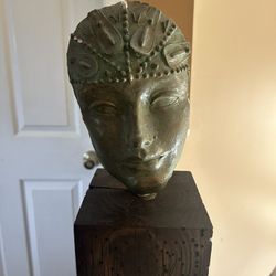 Antique Ceramic Face + Solid Wood Base Sculpture 