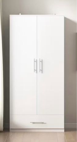 White Two-Door Wardrobe with Bottom Drawer
