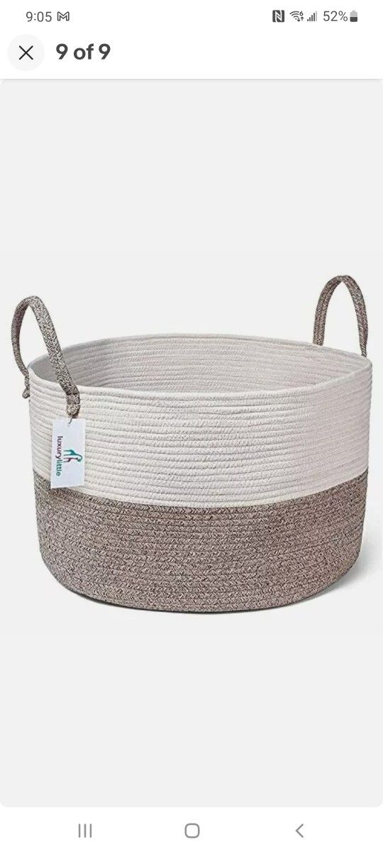 Luxury Nursery Storage Basket  100% Cotton Rope Hamper with Handles Sturdy Baby Bin Organizer for Laundry Toys Blankets Pillows