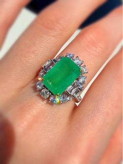 18k solid white gold Natural 4Ct Green Emerald Diamond White Sapphire Antique Art Deco style Engagement ring sz6.5