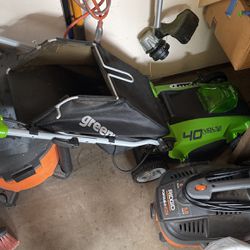 Electric Mower And Blower With Battery And Charger. 