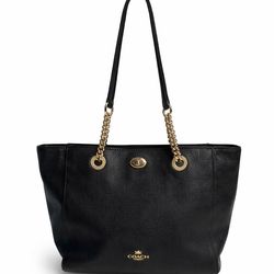 Coach Turnlock Tote Black Pebbled Leather Gold Chain Shoulder Bag + Dust Bag