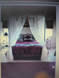 Queen canopy bed: mattress, box spring, frame