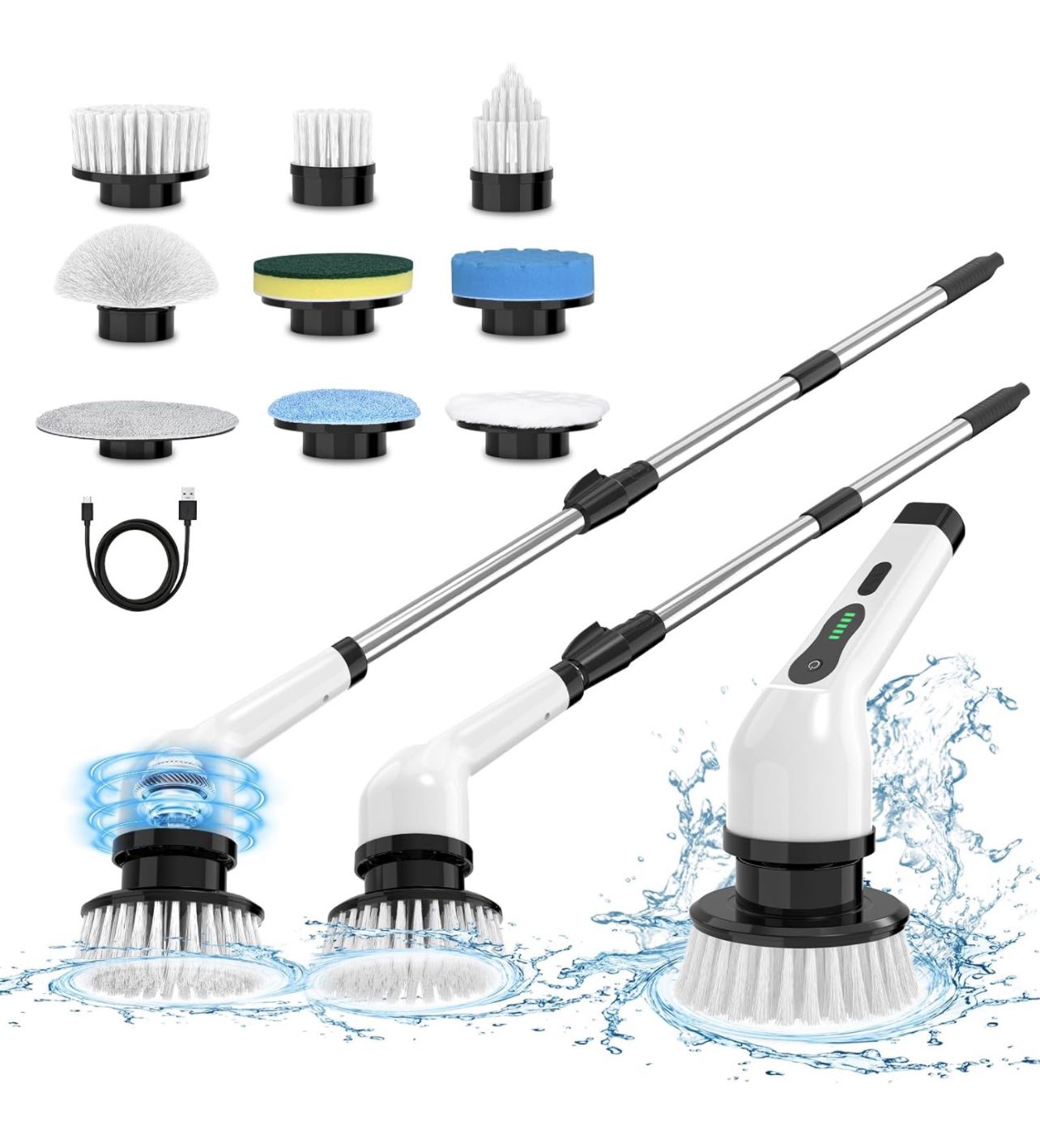 Electric Spin Scrubber, Adjustable Cordless Power Bathroom Scrubber, IPX7 Extension Arm, 9 Brush Heads 3 Speeds 150mins Work Time for Cleaning Shower 