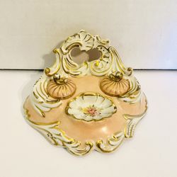 Vintage Antique Limoges Double Inkwell With Lids Pink White And Gold