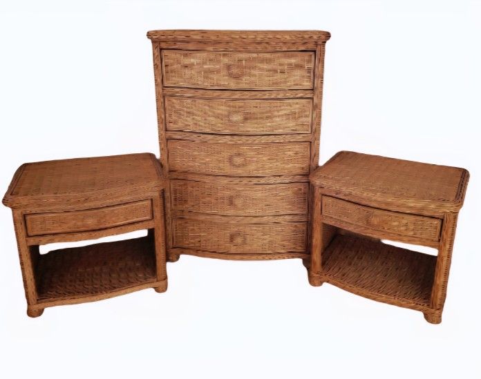 Vintage boho rattan wicker bamboo chest drawer dresser and pair of nightstands bedside tables