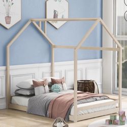 Full Size House Bed Wood Bed, Natural