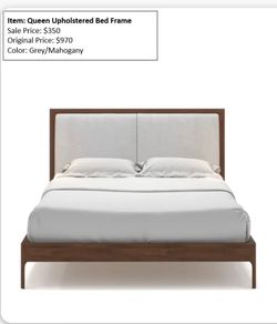 Queen Upholstered and mahogany bed frame