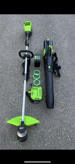 Greenworks 8OV 16" Brushless String Trimmer & Greenworks 80V 730 CFM Cordless Battery Leaf Blower