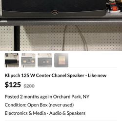Klipsch 125 W Center Channel Speaker - Like New 