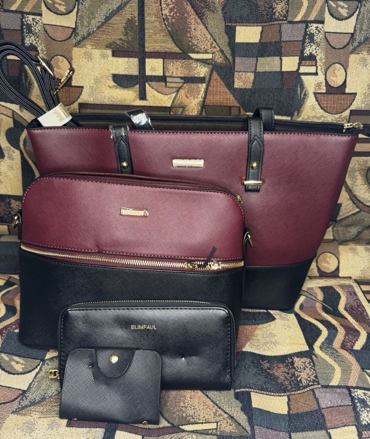Women Burgundy and Black  4 Piece Set Crossbody Purse