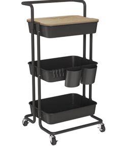 DTK 3 Tier Rolling Cart Uility Cart with Cover Board, Mobile Storage Cart with Wheels, Cups, Hooks for Office Utility Kitchen Bathroom Homeschool Art 